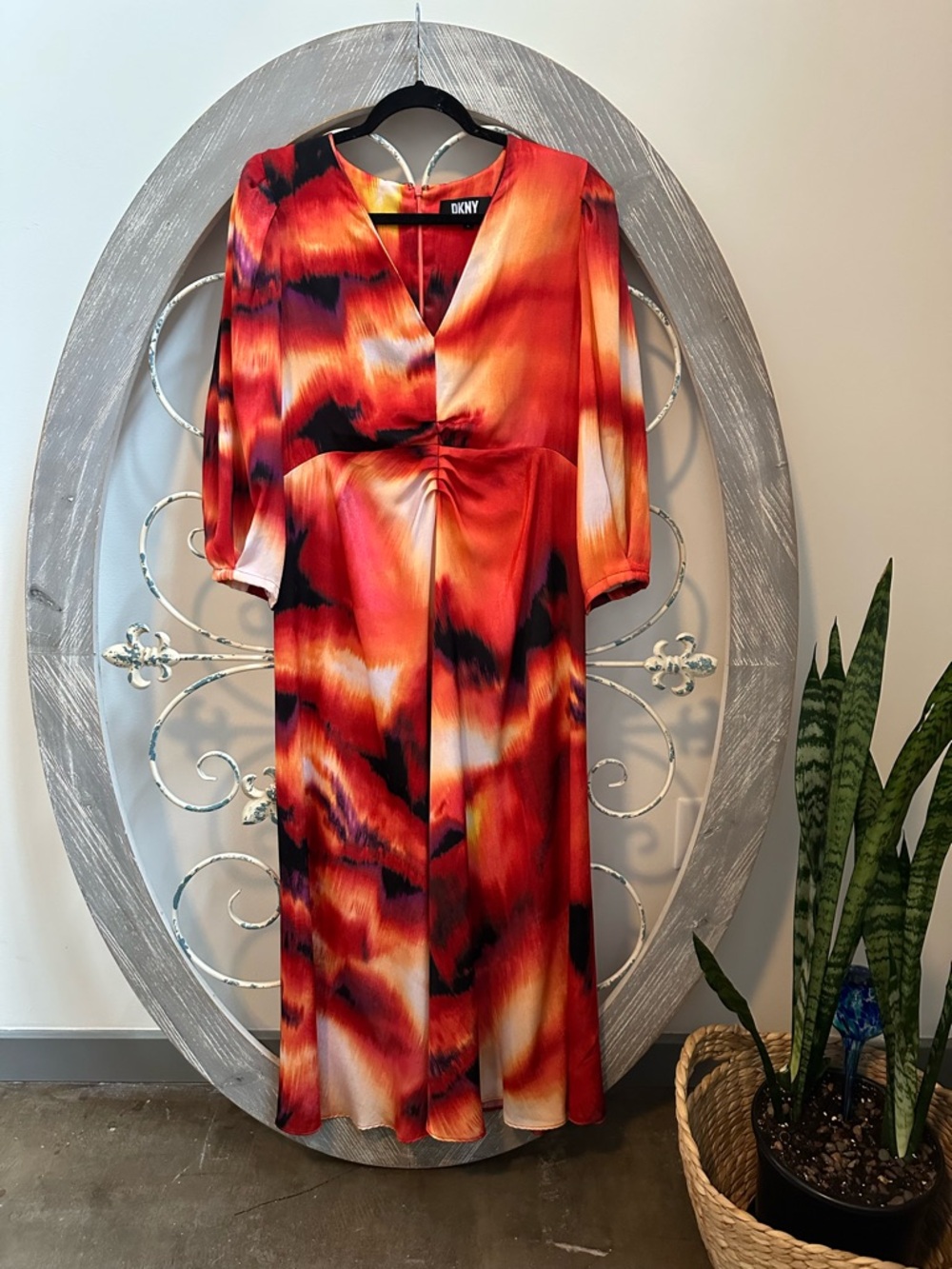 DKNY Vibrant Red-Orange Abstract V-Neck Midi Dress